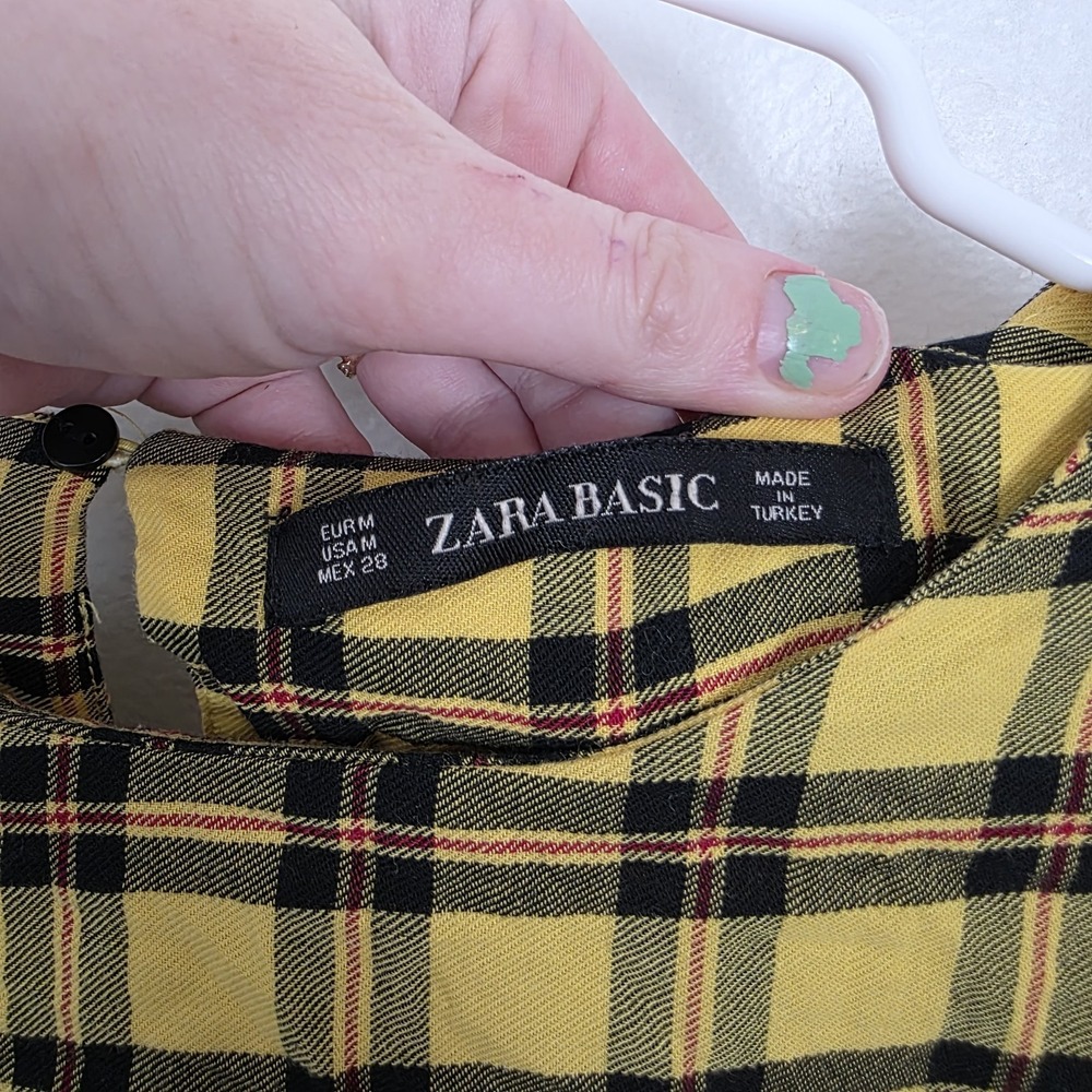 Zara‎ Yellow Black Checked 3/4 Puff Sleeve Preppy Clueless Blouse Size Medium - Picture 5 of 7